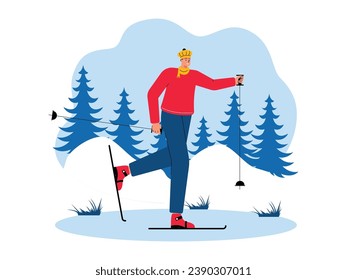 Skiing alone is more fun, enjoy winter with ice sports, winter vector illustration.