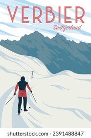 skiing with amazing view in verbier poster vintage illustration design, switzerland national park poster