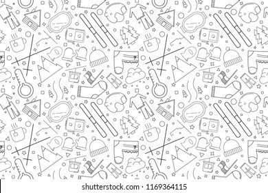 Skiing background from line icon. Linear vector pattern. Vector illustration