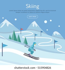 Skiing banner. Skier on snowy slope. Skiing way. Person skiing flat style. Winter season recreation winter sport activity. Slalom sport ski race. Athlete on downhill. Extreme speed skiing. Vector