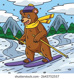 Skiing Bear Colored Cartoon Illustration 