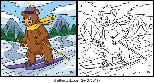 Skiing Bear Coloring Page Colored Illustration 