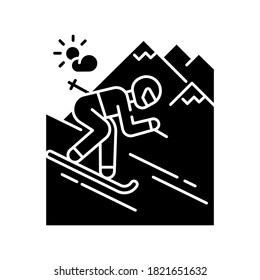 Skiing black glyph icon. Winter vacation, seasonal extreme tourism silhouette symbol on white space. Active recreation at alpine ski resort. Sportsman skiing downhill Vector isolated illustration