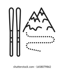 Skiing black line icon. Winter extreme sport. Ski resort. Pictogram for web page, mobile app, promo. UI UX GUI design element. Editable stroke.