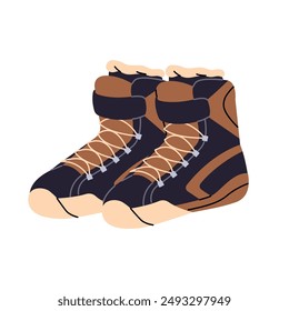 Skiing boots icon. Snowboarding shoes. Warm clothes, footgear for extreme winter sport. Equipment for sloping on snow mountains. Skiers footwear. Flat isolated vector illustration on white background