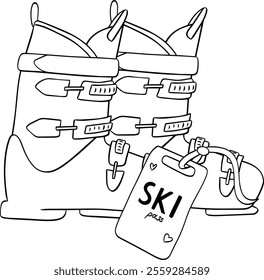 Skiing boots vector graphic line composition with ski pass card.  silhouette illustration
