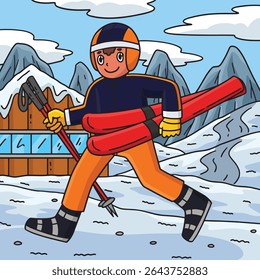 Skiing Boy Carrying Skiboard Colored Cartoon 