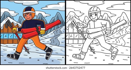 Skiing Boy Carrying Skiboard Coloring Illustration