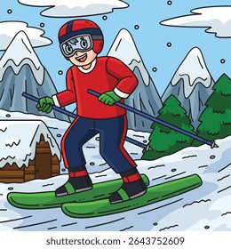 Skiing Boy Colored Cartoon Illustration 