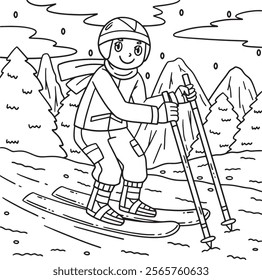 Skiing Boy Dragging Forward Ski Poles Coloring 