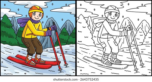 Skiing Boy Dragging Forward Ski Poles Illustration