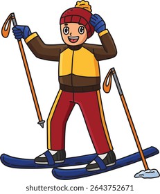 Skiing Boy Fixing Bonnet Cartoon Colored Clipart 