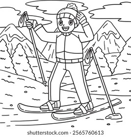 Skiing Boy Fixing Bonnet Coloring Page for Kids