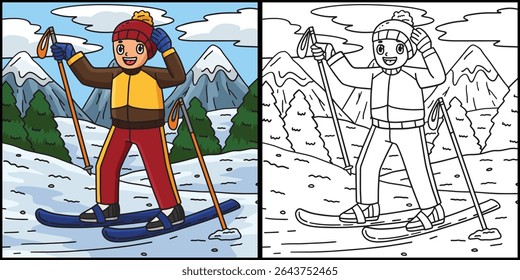 Skiing Boy Fixing Bonnet Coloring Illustration 