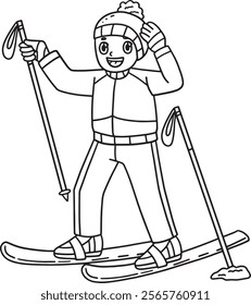 Skiing Boy Fixing Bonnet Isolated Coloring Page 