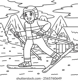 Skiing Boy Walking on Skiboard Coloring Page 