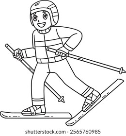 Skiing Boy Walking on Skiboard Isolated Coloring 