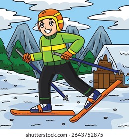 Skifahren Junge Wandern auf Skiboard Farbige Cartoon 