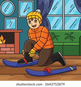 Niño de esquí que lleva una historieta coloreada del skiboard