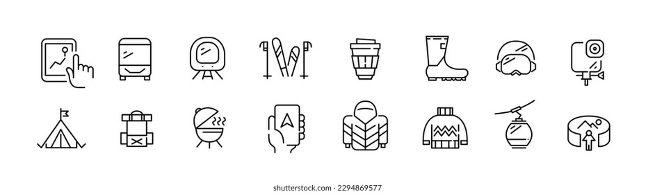 Skiing or camping tours icons. Tourism and hiking. Pixel perfect, editable stroke line set 