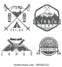 skiing , canoe and adventure camp vintage grunge labels set