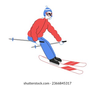 Skiing character. Snow winter sport activity, man doing winter outdoor activities flat vector illustration on white background