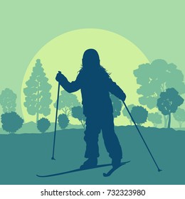 Skiing children in forest vector background landscape with sunset winter vocation