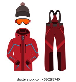 Skiing clothes. Winter skiing clothes equipment icons family vacation, activity or travel skiing equipment. Winter sport mountain skiing cold recreation. Skiing clothes and equipment.