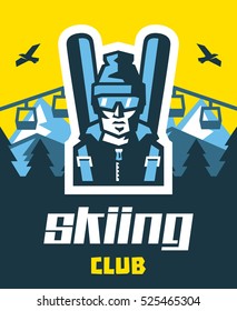 Skiing club. Logo skier in glasses, hat, backpack, skis. Against the backdrop of the mountains, forests, winter landscape. Eagle in the sky. Lift up the hill. Vector illustration.