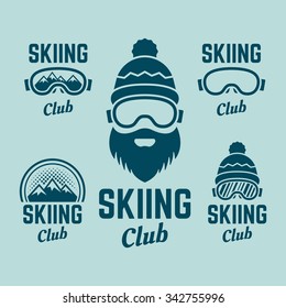 Skiing club set of colored vector labels, badges, emblems and logos, skier face with beard, ski glasses, winter hat