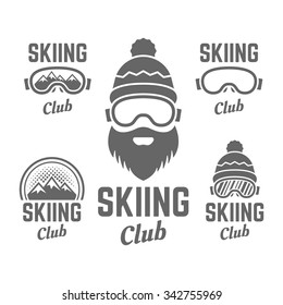 Skiing club set of vector labels, badges, emblems and logos isolated on white background