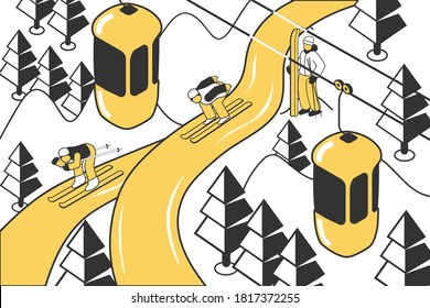 Skiing competition participants going down hill piste 3d isometric vector illustration