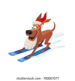 Skiing cute dog icon. Domestic pet on mountain ski in Santa hat. Vector cartoon animal isolated on white. Template for winter season banner background