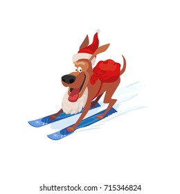 Skiing cute dog icon. Domestic pet on mountain ski in Santa hat. Vector cartoon animal isolated on white. Template for winter season greeting card. Design idea for advertisement fun banner background