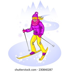 Skiing cute girl on snowy hill