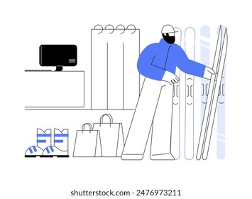 Skiing department isolated cartoon vector illustrations. Young man choosing ski in outdoor equipment store, smart shop, retail industry, shopping day, winter sports gear vector cartoon.