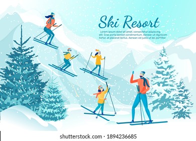 Skiing Down Hill. Winter Activity for Sporty Family. Mom, Dad and Three Kids Spending Time Together Outdoors, Having Fun and Enjoying Cold Snowy Days. Ski Resort Banner with Copy Space for Extra Text.