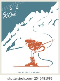 Skiing down mountain vector illustration, Mountain Ski resort vector artwork for t shirt, poster, wall paint, graphic print, women skiing drawing