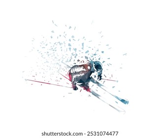 Skiing, downhill skier, slalom. Top view. Isolated low poly vector illustration. Winter sport, alpine skiing