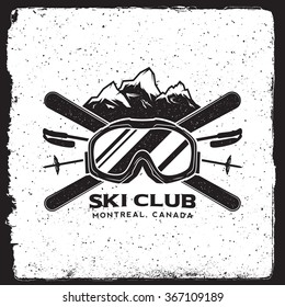 skiing emblem. logotype template. outdoor activity symbol with ink stamp texture