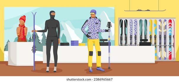 Skiing equipment collection on sale. Boutique and shop interior. Set of ski. Silhouettes and mannequins with inventory. Extreme sport wear. Winter design. Vector illustration