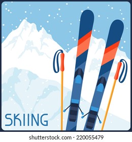 Skiing equipment on background of mountain winter landscape.