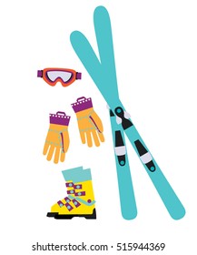 Skiing equipment set. Skies, gloves, mask, boots isolated on white. vector