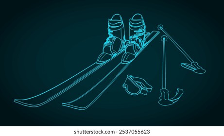 Skiing equipment set. Skis, ski boots, poles, ski goggles