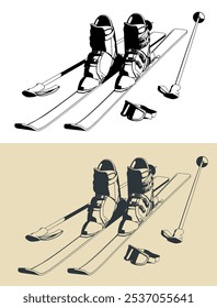 Skiing equipment set. Skis, ski boots, poles, ski goggles