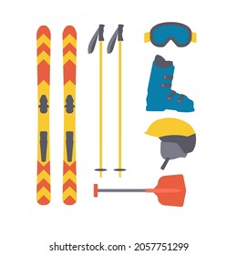 Skiing equipment set. Winter sport collection. Elements for ski resort picture, mountain activities. Flat style. Isolated vector illustration 