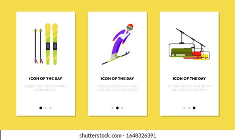 Skiing flat icon set. Winter, poles, ski jumper isolated vector sign pack. Professional sport and achievement concept. Vector illustration symbol elements for web design and apps