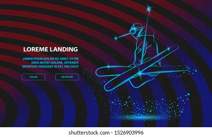 Skiing freestyle athlete in fly position with cross skis figure. Vector Sport Background for Landing Page Template.