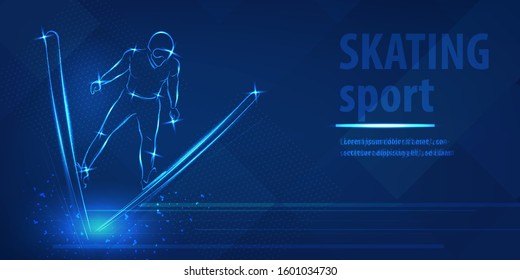 Skiing freestyle speed race skating sport. Ice skiing race. Blue neon horizontal banner. Olympic winter games. Man extreme figure. Skiing freestyle blue neon winter sport vector background.