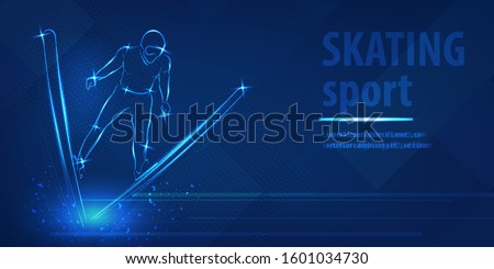 Skiing freestyle speed race skating sport. Ice skiing race. Blue neon horizontal banner. Olympic winter games. Man extreme figure. Skiing freestyle blue neon winter sport vector background.